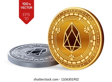 EOS. 3D isometric Physical coins. Digital currency. Cryptocurrency. Golden and silver coins with EOS symbol isolated on white background. Vector illustration.