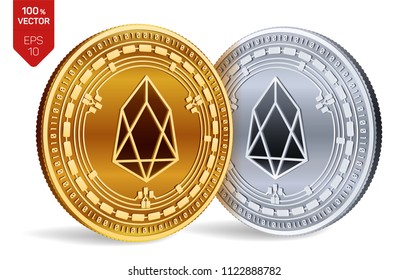 EOS. 3D isometric Physical coins. Digital currency. Cryptocurrency. Golden and silver coins with EOS symbol isolated on white background. Vector illustration.