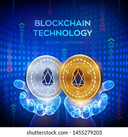 EOS. Blockchain. 3D Physical bit coin. Block chain concept. Digital currency. Golden and silver coins with EOS symbol in hands. Editable Cryptocurrency template. Vector illustration.
