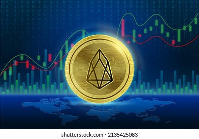 EOS	(EOS) coin 3D Vector illustration. Cryptocurrency blockchain. Future digital replacement technology alternative currency, Silver golden stock chart. List of variou coin symbol is background.