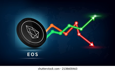 Moneda de EOS negra. Símbolo de criptodivisa con gráfico de inversión en bolsa verde y rojo. Icono de moneda en fondo oscuro. Concepto de negocios de tendencias económicas. Ilustración vectorial 3D.