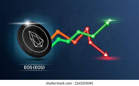 Moneda de EOS negra. Símbolo de criptodivisa con gráfico de inversión en bolsa verde y rojo. Concepto de negocios de tendencias económicas. Ilustración vectorial 3D.