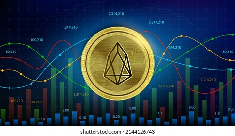 EOS	(EOS) coin Cryptocurrency blockchain. Future digital currency replacement technology alternative currency, Silver golden stock chart number up down is background. 3D Vector illustration.