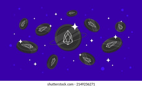 Monedas de EOS cayendo del cielo. Fondo de banner de concepto de criptodivisa EOS.