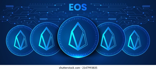 Eos (EOS) criptografía de fondo de tecnología futurista. Ilustración de vectores criptodivisa por concepto de moneda virtual y finanzas descentralizadas.