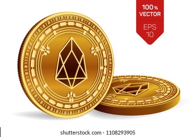 EOS. Crypto currency. 3D isometric Physical coins. Digital currency. Golden coins with EOS symbol isolated on white background. Block chain. Vector illustration.