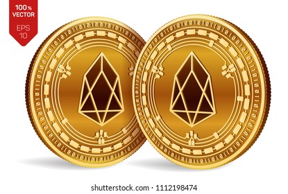 EOS. Crypto currency. 3D isometric Physical coins. Digital currency. Golden coins with EOS symbol isolated on white background. Block chain. Vector illustration.