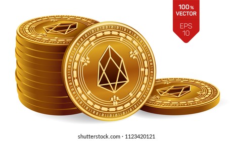 EOS. Crypto currency. 3D isometric Physical coins. Digital currency. Stack of golden coins with EOS symbol isolated on white background. Stock vector illustration.