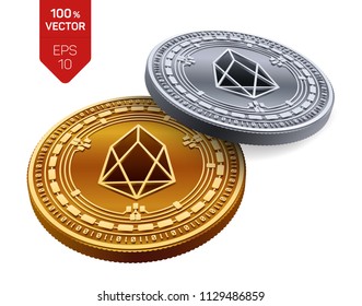 EOS. Crypto currency. 3D isometric Physical coins. Digital currency. Golden and silver coins with EOS symbol isolated on white background. Block chain. Vector illustration.