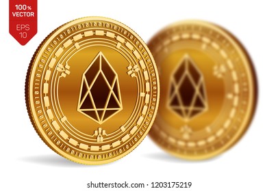 EOS. Crypto currency. 3D isometric Physical coins. Digital currency. Golden coins with EOS symbol isolated on white background. Block chain. Vector illustration.