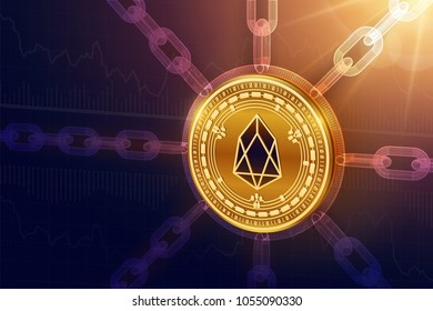 EOS. Crypto currency. Block chain. 3D isometric Physical EOS coin with wireframe chain. Blockchain concept. Editable Cryptocurrency template. Stock vector illustration.