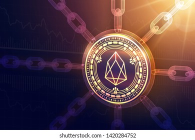 EOS. Crypto currency. Block chain. 3D isometric Physical EOS coin with wireframe chain. Blockchain concept. Editable Cryptocurrency template. Stock vector illustration.