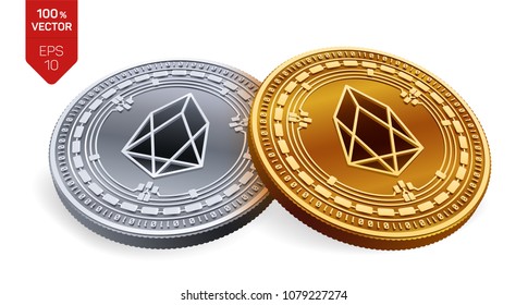 EOS. Crypto currency. Isometric Physical coins. Digital currency. Golden and silver coins with EOS symbol isolated on white background. Block chain. Vector illustration.