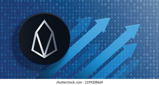 Eos (EOS) crypto currency logo coin on futuristic financial technology background and banner vector illustration. Can be used as cover, header, backdrop, poster, wallpaper and print design