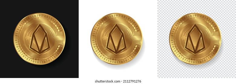EOS criptologo de moneda aislado en ilustración vectorial de fondo oscuro, blanco y transparente. Las monedas de fichas de oro pueden utilizarse como pegatinas, etiquetas, iconos, insignias y emblemas para el concepto de tecnología