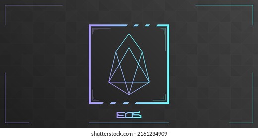 EOS cryptocurrency colorful logo on dark background with triangles pattern decoration. Vector illustration.