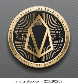EOS cryptocurrency golden coin isolated in transparent background. Virtual currency token symbol vector illustration based on cryptography and block chain technology.