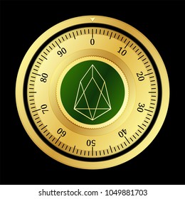 EOS (EOS) cryptocurrency safe lock. Eps10 vector illustration isolated on black background.