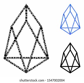 Eos currency composition of circle elements in variable sizes and color tones, based on eos currency icon. Vector circle elements are organized into blue composition.