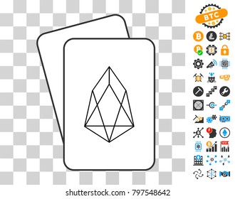 Eos Currency gambling cards icon with bonus bitcoin mining and blockchain symbols. Flat vector icons for cryptocurrency software.
