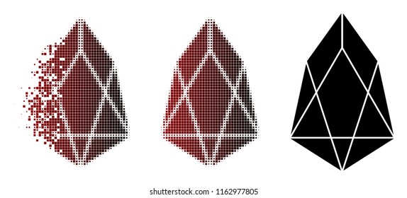 Eos currency icon in dissolved, pixelated halftone and undamaged whole variants. Cells are organized into vector disappearing eos currency pictogram.