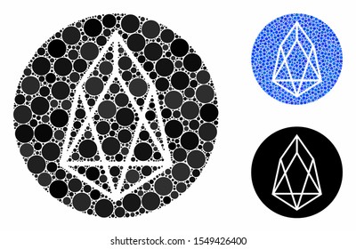 Eos currency mosaic of small circles in various sizes and color hues, based on eos currency icon. Vector small circles are organized into blue collage.