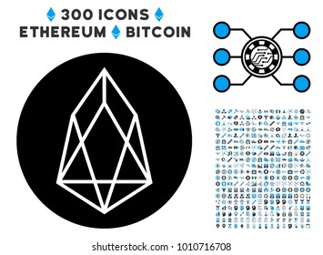 Eos Currency pictograph with 300 additional cryptocurrency design elements. Vector illustration style is flat iconic symbols designed for blockchain software.