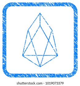 Eos Currency rubber seal stamp imitation. Icon vector symbol with grunge design and unclean texture inside rounded square. Scratched blue stamp imitation on a white background.