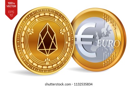 EOS. Euro coin. 3D isometric Physical coins. Digital currency. Cryptocurrency. Golden coins with EOS and Euro symbol isolated on white background. Vector illustration.