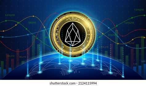 Moneda de oro EOS. Moneda de cifrado de token en Internet futuro. Tecnología digital en línea blockchain mercado de acciones y criptomonedas. Holograma con un globo y un mapa del mundo. EPS10 vectores.