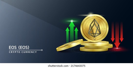 EOS-Token-Kryptowährungsbanner. Zukünftige Währung auf dem Aktienmarkt der Blockchain mit rot-grünen Pfeilen nach oben und unten. Gold-Münzen verschlüsseln Währungen. Banner für Nachrichten auf solidem Hintergrund. 3D-Vektorgrafik.