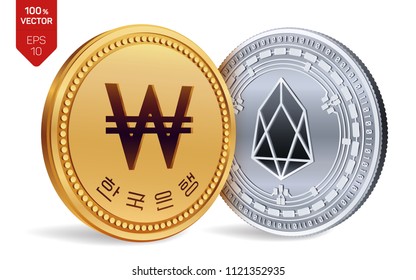 EOS. Won. 3D isometric Physical coins. Digital currency. Korea Won coin. Cryptocurrency. Golden and silver coins with EOS and Won symbol isolated on white background. Vector illustration.