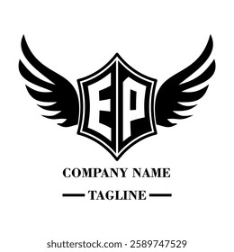 EP A bold winged shield emblem with customizable initials A-Z. Sleek black-and-white vector, perfect for branding, sports teams, motorcycle clubs, gaming,apparel and High-quality
