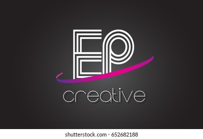 EP E P Letter Logo with Lines Design And Purple Swoosh Vector Letters Illustration.