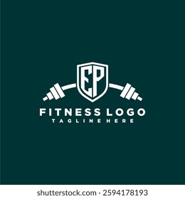 EP initial monogram for fitnes or gym logo with creative shield and barbell design