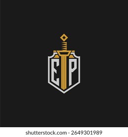 Monograma inicial EP para imagem em estilo escudo e espada