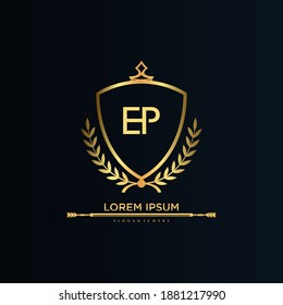 Carta EP Inicial con plantilla real.elegante con el logotipo de la corona vectorial, Ilustración vectorial con el logotipo fletador creativo.