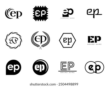 EP logo company template. Letter e and p logotype. Set different classic serif lettering and modern bold text with design elements. Initial font typography. Collection trendy business identity.