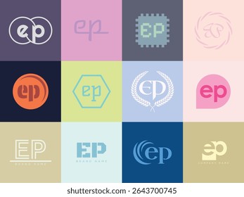 EP logo company template. Letter e and p logotype. Set different classic serif lettering and modern bold text with design elements. Initial font typography. Collection trendy business identity.