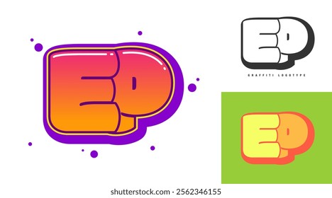 EP logo design for festival or party. Initial letter e and p in graffiti style. Creative modern lettering company name of font typography. Kids trendy logotype or identity. Vector illustration.