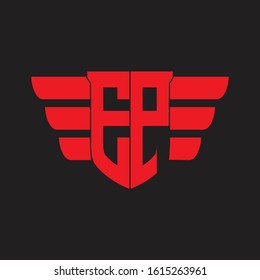 EP Logo monogram with emblem and wings element design template on red colors