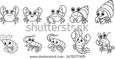 [EP.3] [.EPS] Cute Cartoon Crab and Shrimp Vector Set - Animal Outline Illustrations for Kids Coloring Book (outlines only, not layered)