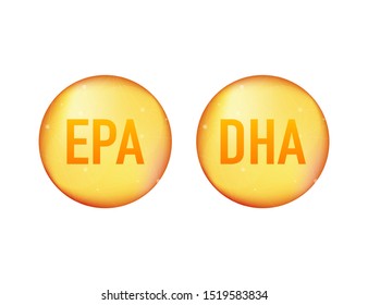 EPA, DHA Vector Drops Set. Omega Three. Organic Vitamin. Vector illustration.