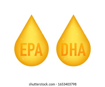 EPA, DHA Vector Drops Set. Omega Three. Organic Vitamin. Vector illustration.