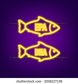 EPA, DHA Vector Drops Set. Neon icon. Omega Three. Organic Vitamin. Vector illustration.