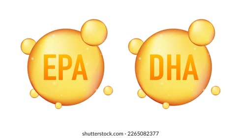 EPA, DHA Vector Drops Set. Omega Three. Organic Vitamin. Vector illustration.