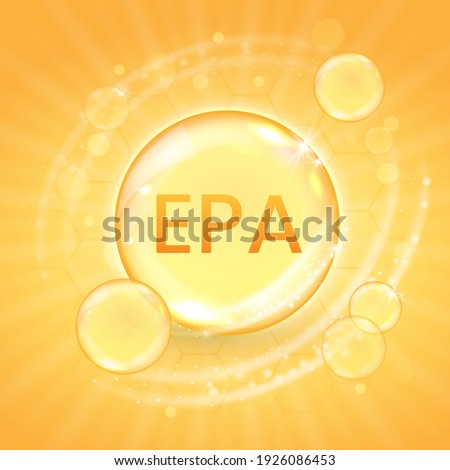 EPA from omega-3 fatty acid supplement, shiny oil vitamin capsule. Fish oil droplet design template for advertisement or branding. Realistic vector illustration of golden essence bubble