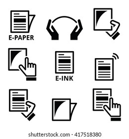 E-paper, e-ink technology display device icons set 