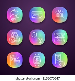E-payment app icons set. Electronic money. Cashless and contactless payments. Digital purchase. Online banking. UI/UX user interface. Web or mobile applications. Vector isolated illustrations