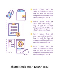 E-payment article page vector template. Digital wallet. E-commerce. Brochure, magazine, booklet design element with text boxes. Electronic payment. Online shopping. Illustrations with text space